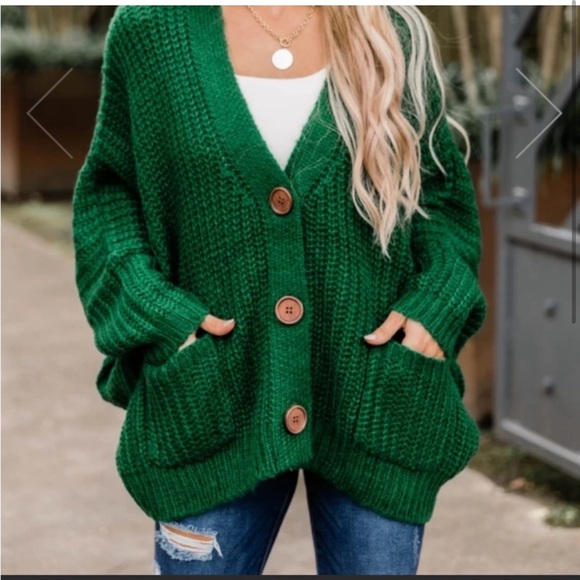 Pink Lily sundown awaits green fuzzy oversized cardigan buttons - Picture 2 of 11